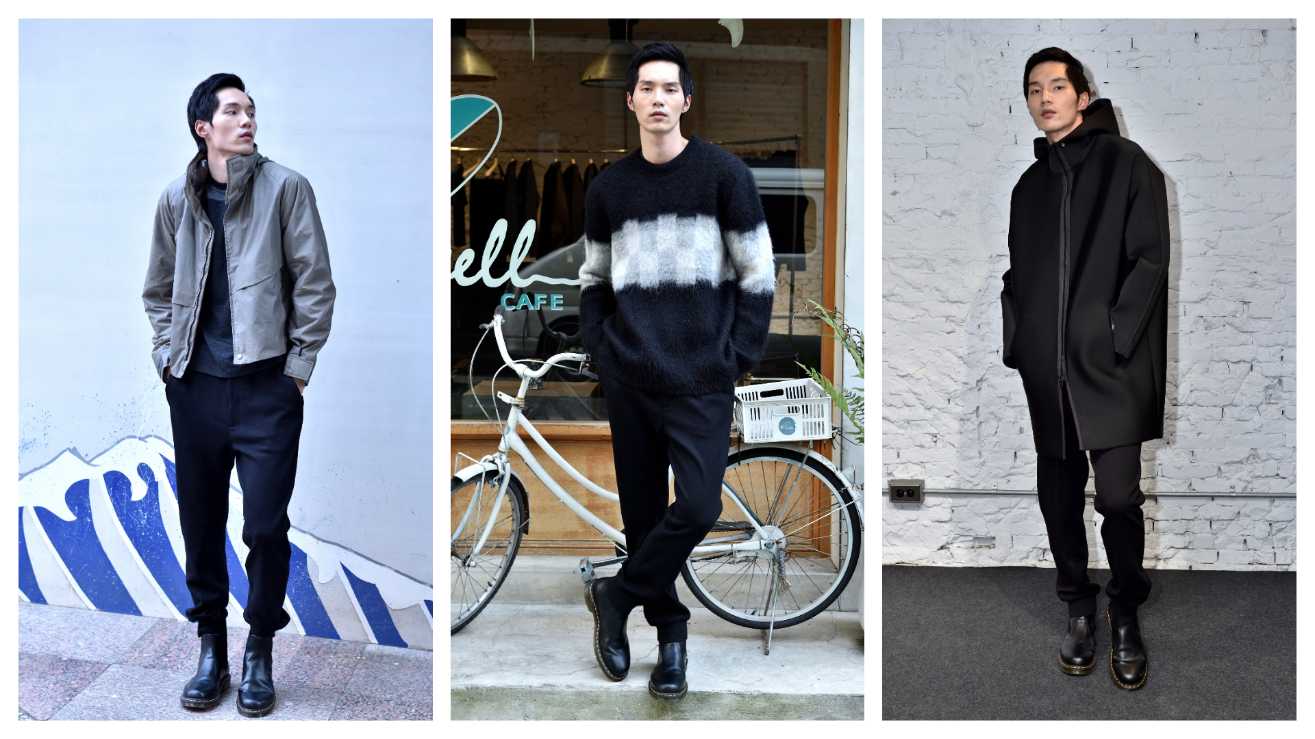 Peter Wu昨（4日）舉辦2021 秋冬鑑賞會。USD中：模糊氛圍手工毛衣 USD $760、黑色運動風長褲 USD$650。右：潛水布料長外套 USD $1,255、拼接JERSEY羊毛TSHIRT USD$245、黑色運動風長褲 USD $650。）（Peter Wu提供）