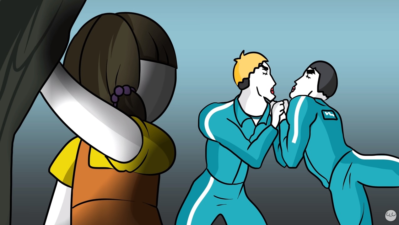 1名韓國YouTuber結合搞笑元素，用3分半鐘的動畫詮釋《魷魚遊戲》引發熱烈回響。（翻攝YouTube頻道「소맥거핀」）