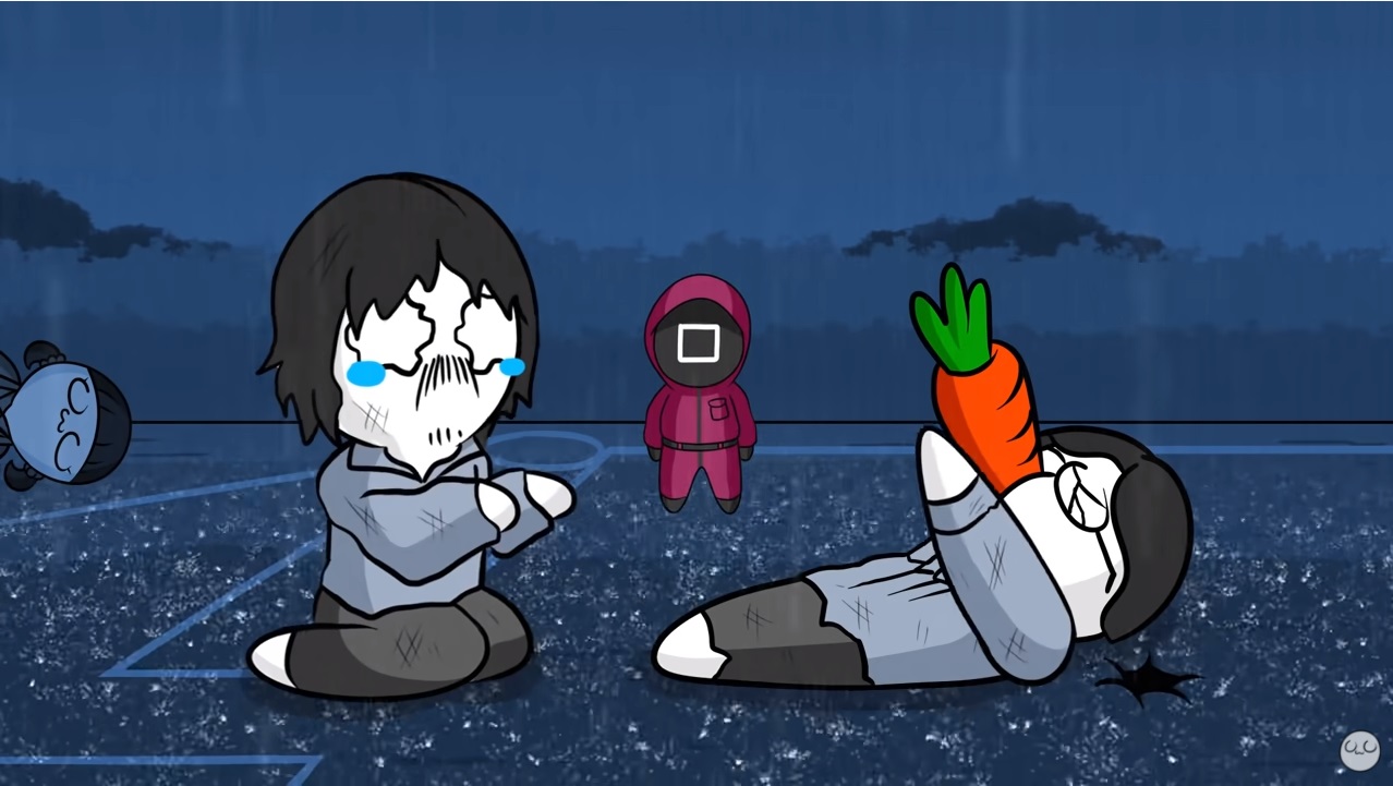 動畫以胡蘿蔔代替戲劇裡的刀子。（翻攝YouTube頻道「소맥거핀」）
