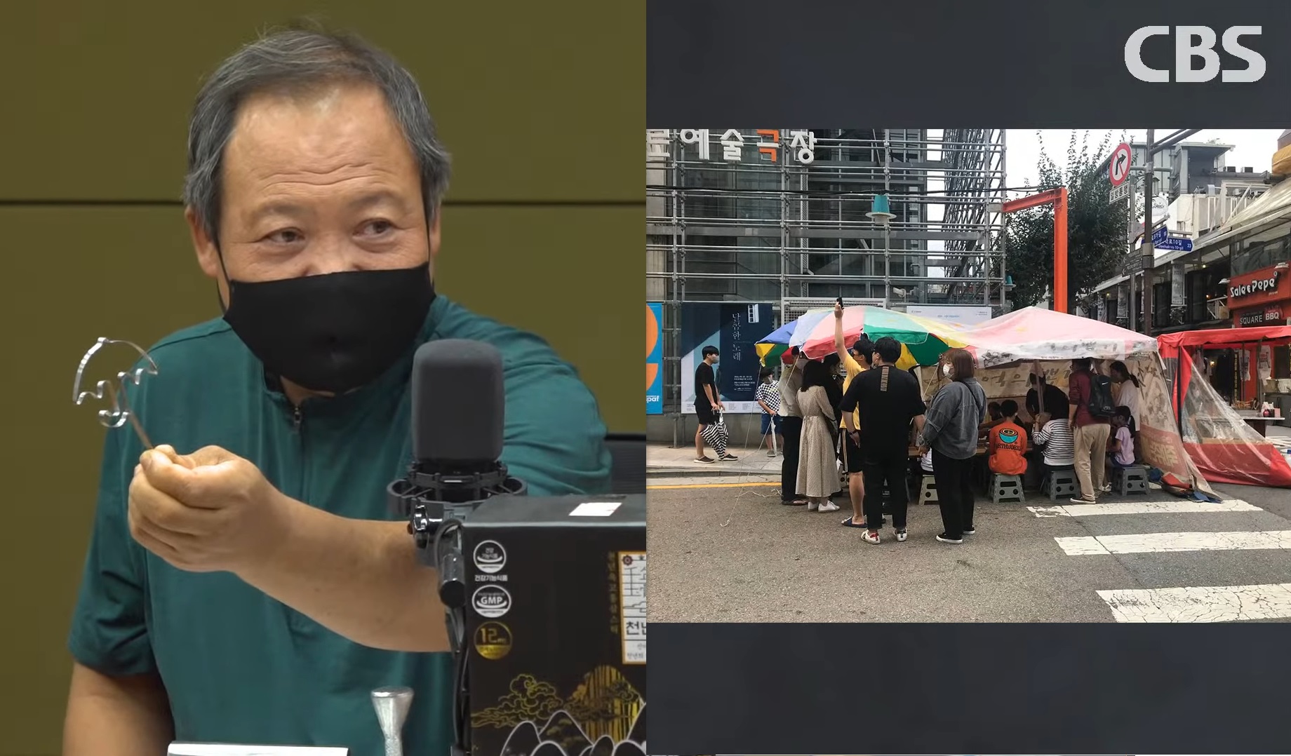 任滄柱（左圖）在節目上秀出自己的雨傘模型，他與老婆經營的椪糖攤販近來天天都有人排隊。（翻攝自CBS News Show畫面）