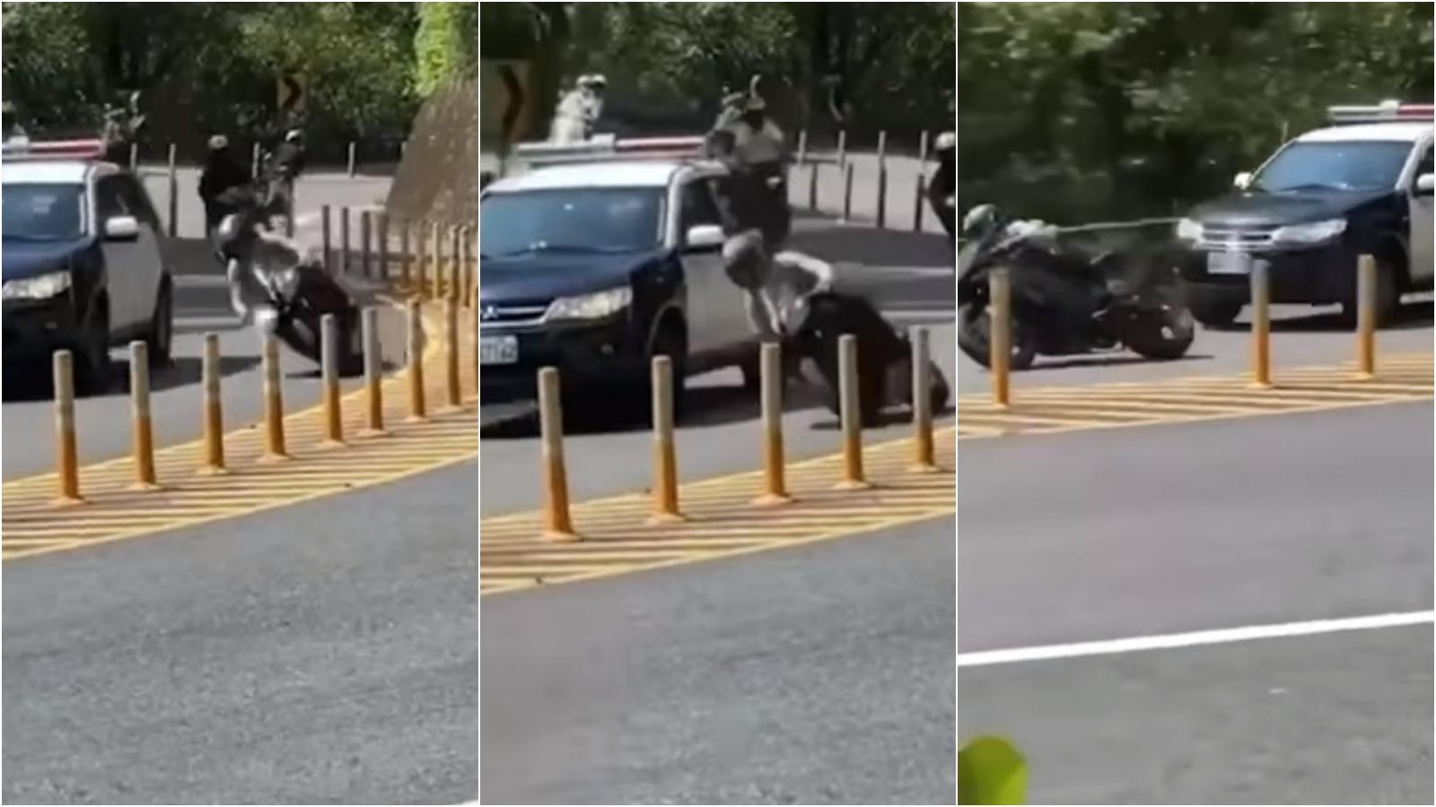 重機騎士無視彎道禁止超車的規定,直接壓車超過警車。(翻攝自臉書社團)