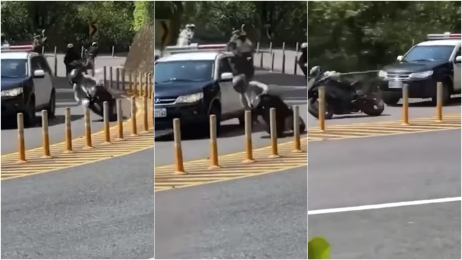 重機騎士無視彎道禁止超車的規定，直接壓車超過警車。（翻攝自臉書社團）