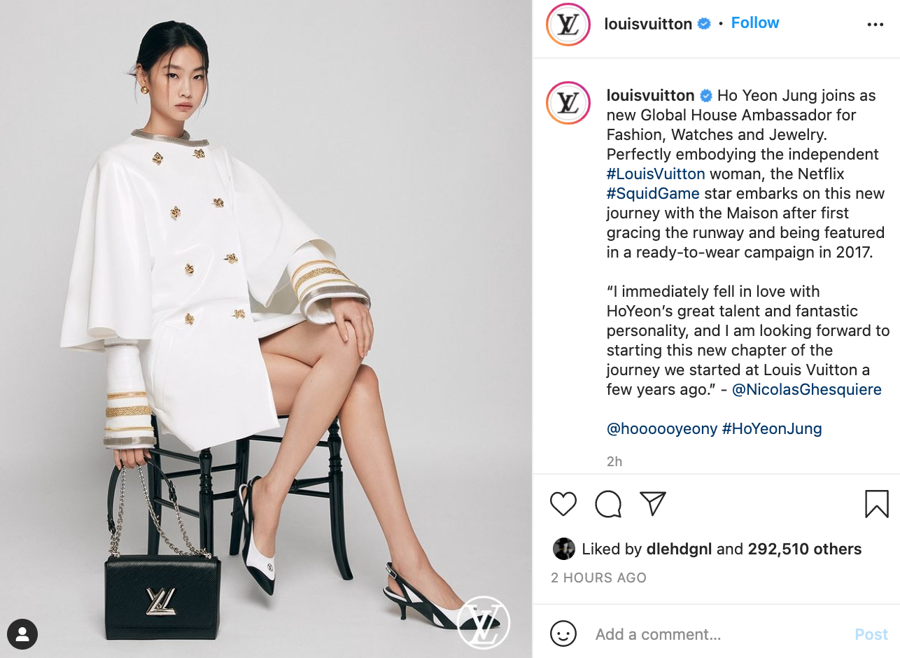 LOUIS VUITTON官方IG宣布演出《魷魚遊戲》的鄭浩妍為全球品牌大使。(翻攝LOUIS VUITTON IG)