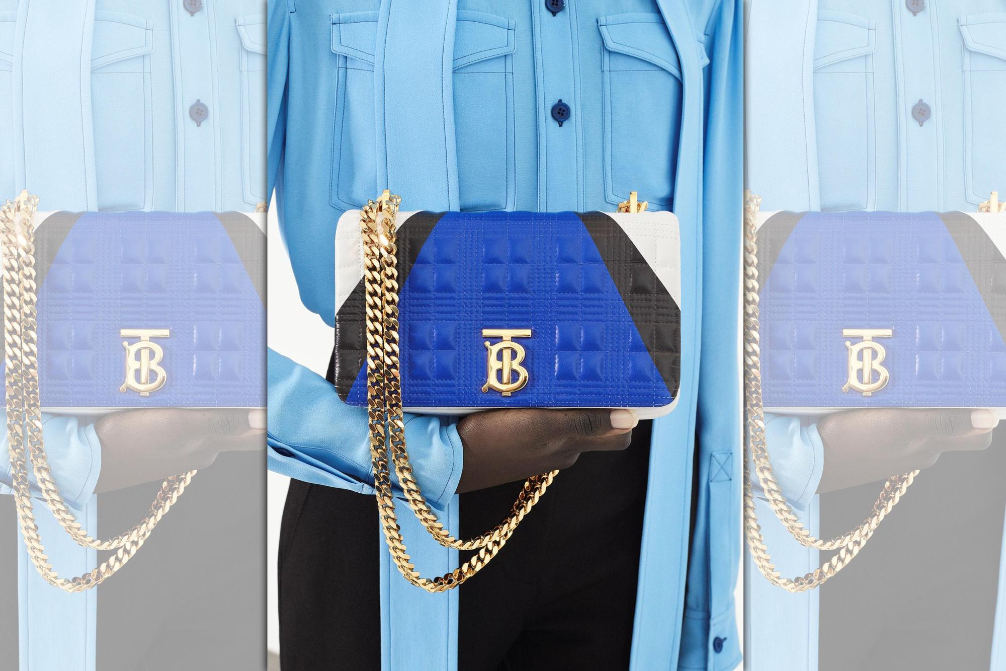 小型幾何印花絎縫羔羊皮Lola包。NT$65,000(BURBERRY提供)