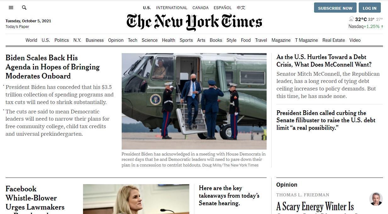 全球媒體面臨數位轉型，紐約時報是少數成功的媒體。（翻攝 New York Times 官網）