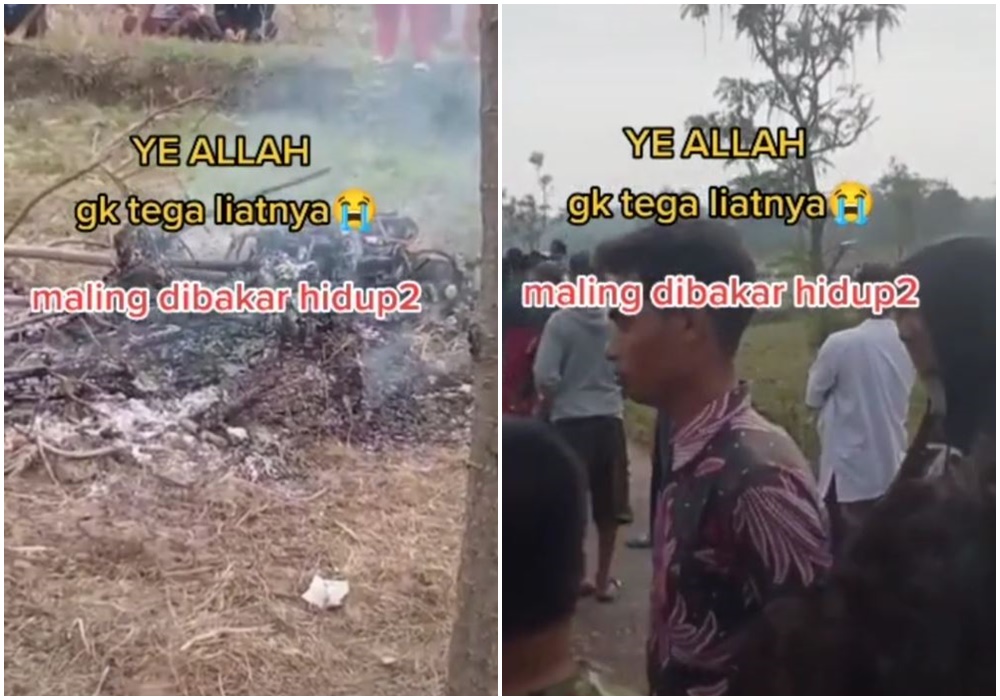 印尼一名男子偷竊機車，當村民當場逮捕，隨後放火將對方活活燒死。（翻攝自Tiktok）
