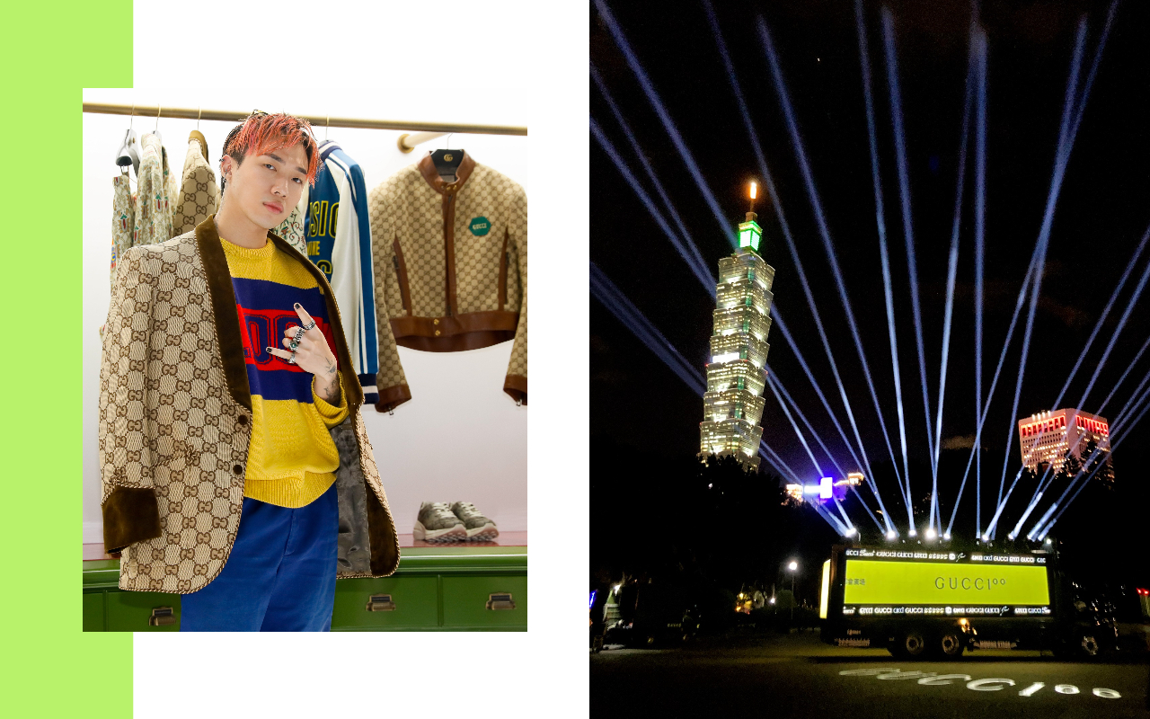 ØZI現身GUCCI 100週年主題快閃店（左圖），今晚將啟動快閃光束秀（右圖）。
