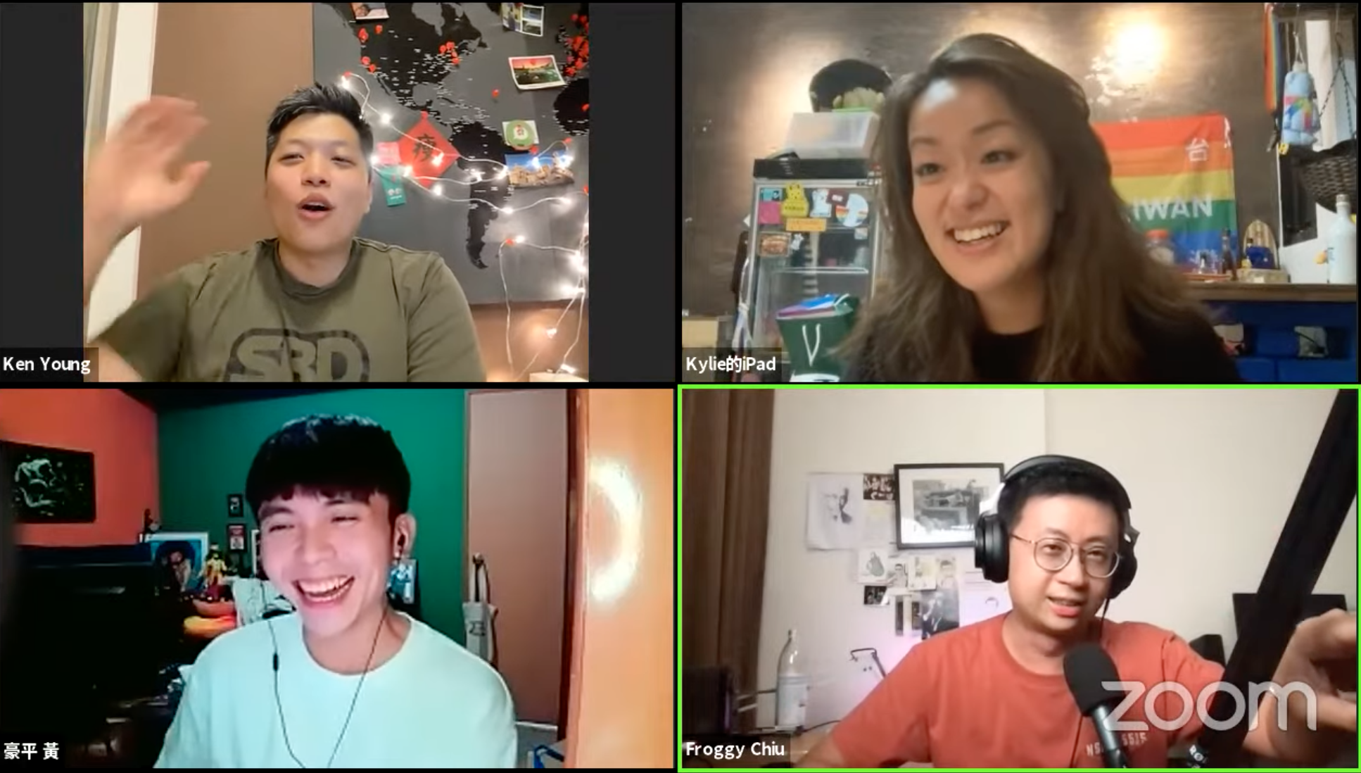 呱吉（右下）在自己的直播中再度於百靈果的直播現身，並表示：「如果她（龍龍）是個bitch，她也是我們的bitch。」（翻攝自「百靈果News」臉書）