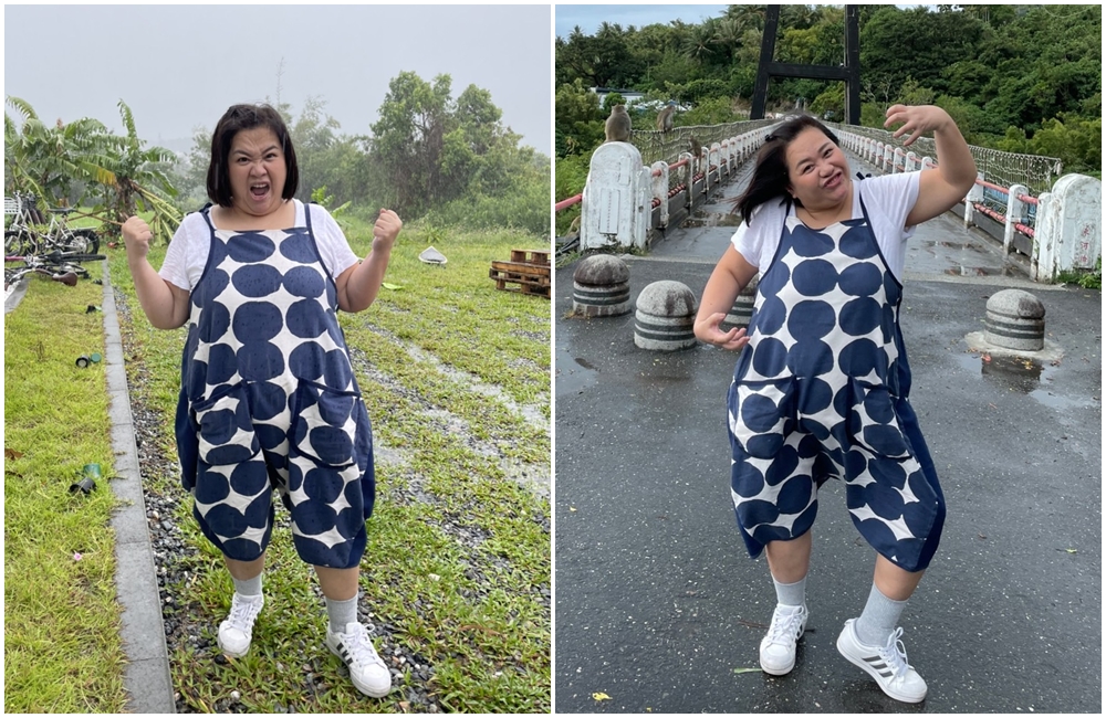 鍾欣凌到台東碰上颱風帶來的強風，身後的腳踏車都倒了。（齊石傳播）