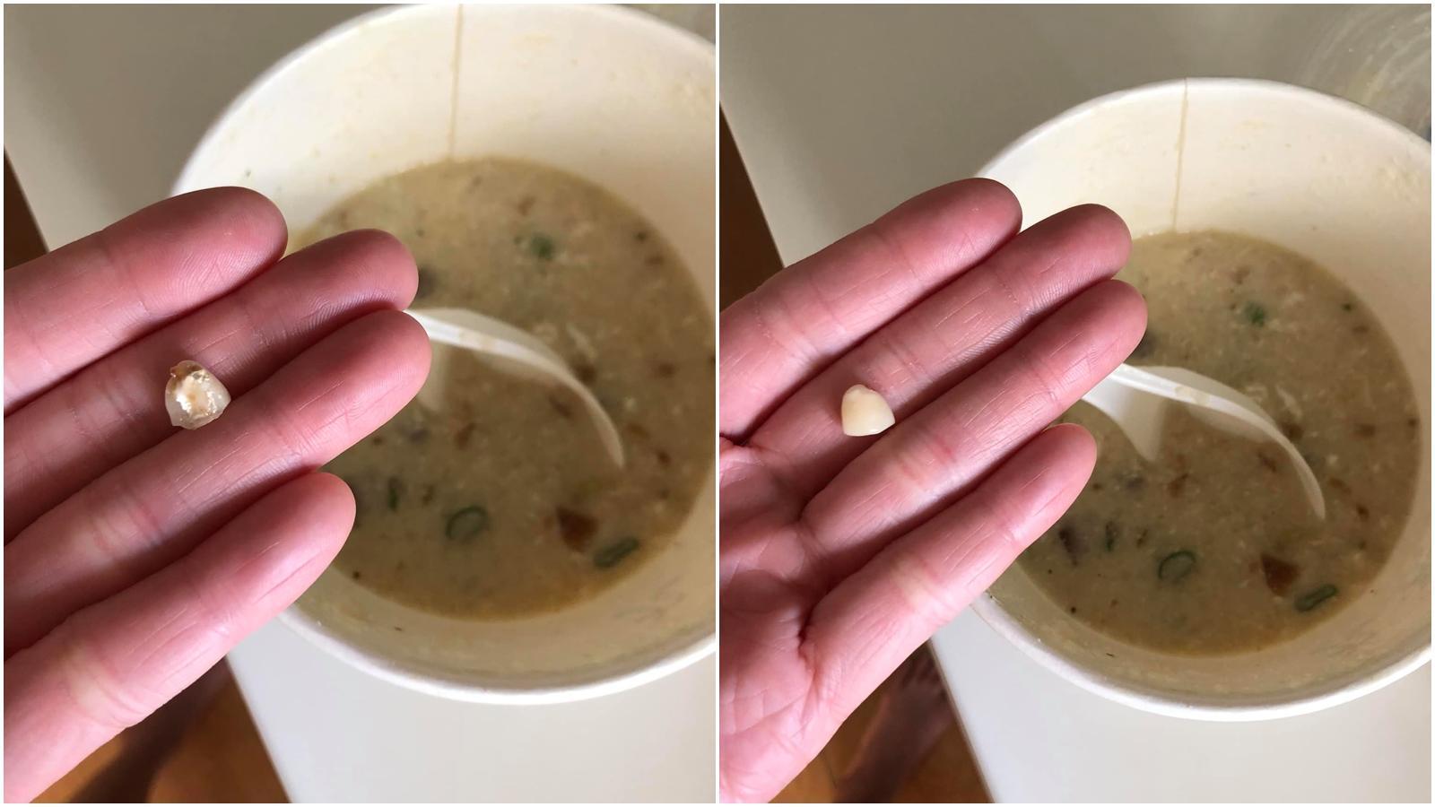 一名女網友透露，吃粥時竟咬到一顆疑似人齒，讓她很崩潰。（翻攝自爆怨公社）