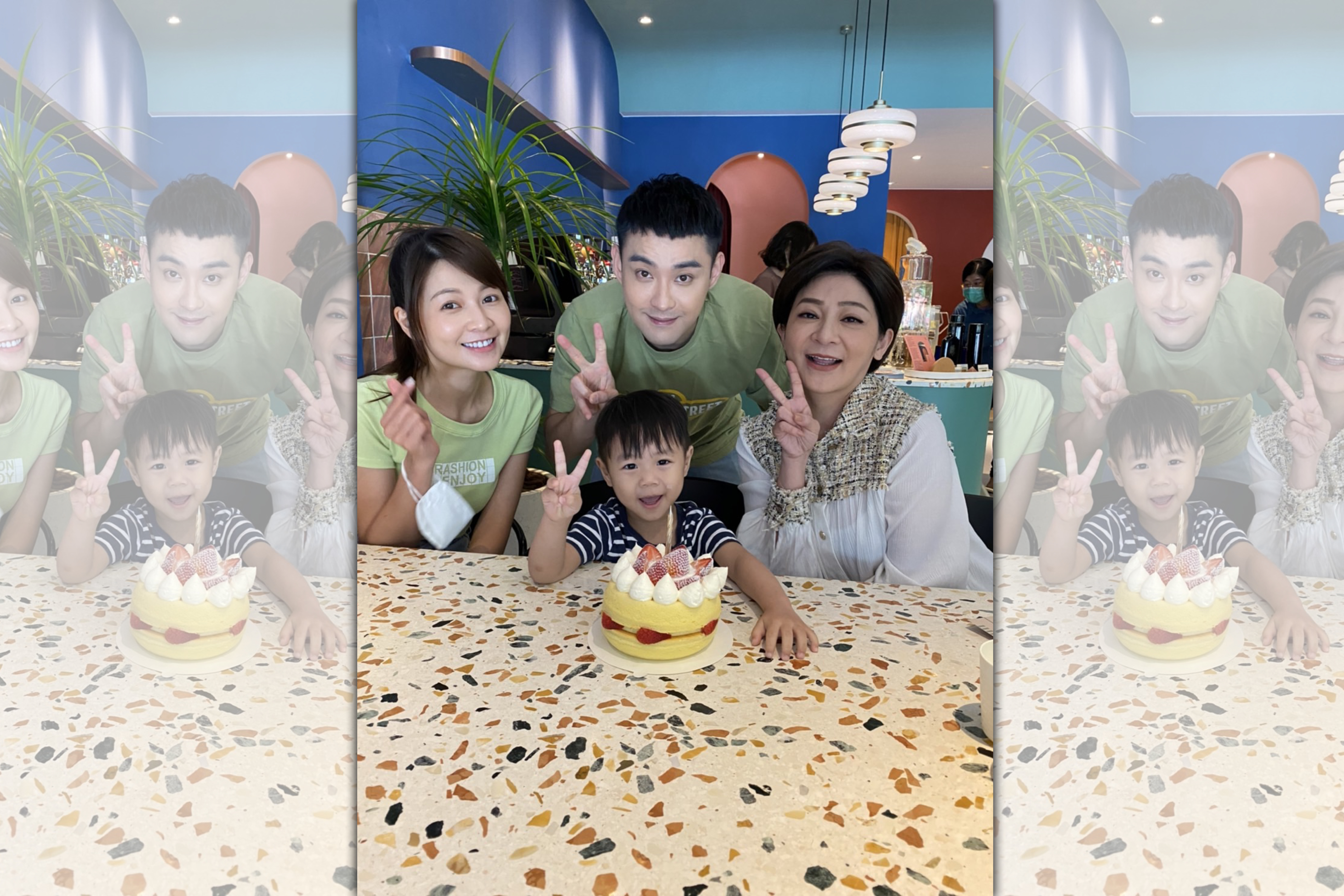 王彩樺、謝京穎跟潘柏希在外景拍攝時，恰巧飾演小天寶的童星劉杰叡帶蛋糕來探班。（民視提供）