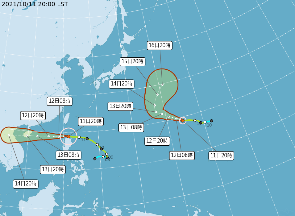輕颱圓規晚間8時的中心位置在北緯18.9度,東經121.5 度,以每小時25公里速度,向西進行。。(中央氣象局提供)