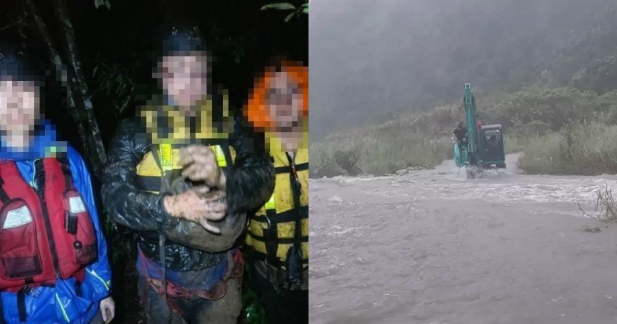 颱風天民眾不畏風雨出遊受困，警消全力救援。（翻攝畫面）