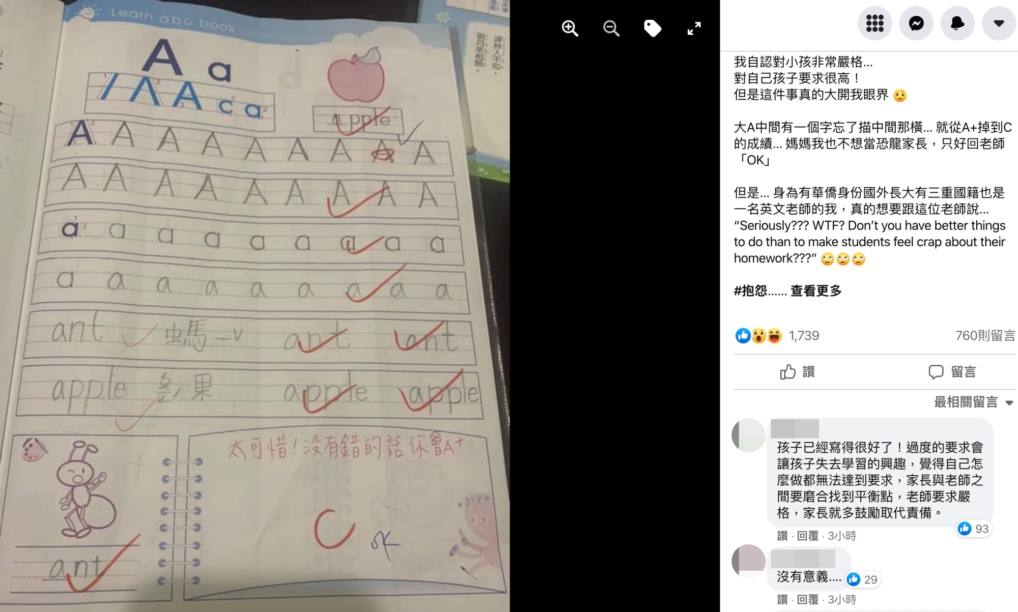 一名網友表示孩子因1個A少寫中間一橫,分數就從A+掉到C。(翻攝自小一聯盟臉書)