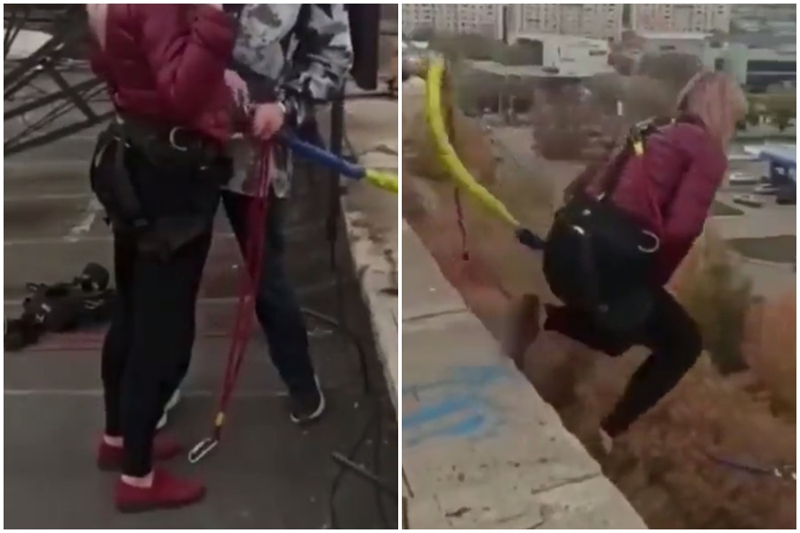 哈薩克一名人母在飯店上玩高空彈跳，沒想到因工作人員操作不當，墜地撞牆身亡。（翻攝自Anonymous Sin Censura推特）