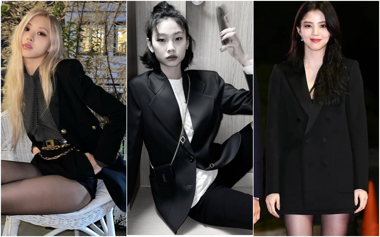 （左起）朴彩英、鄭浩妍與韓素希以不同的搭配方式詮釋吸煙裝的魅力。（SAINT LAURENT提供）