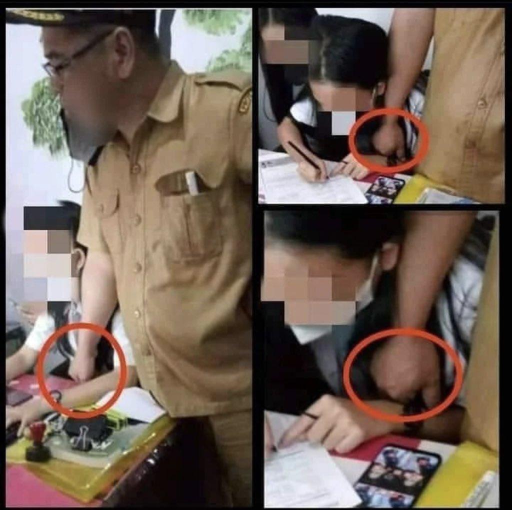 網友發現這張「狼師將手放在女高中生胸部上」的照片,群起憤慨要找出這名男老師。(翻攝自Tukang Rosok推特)