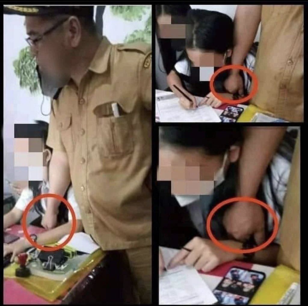 網友發現這張「狼師將手放在女高中生胸部上」的照片，群起憤慨要找出這名男老師。（翻攝自Tukang Rosok推特）
