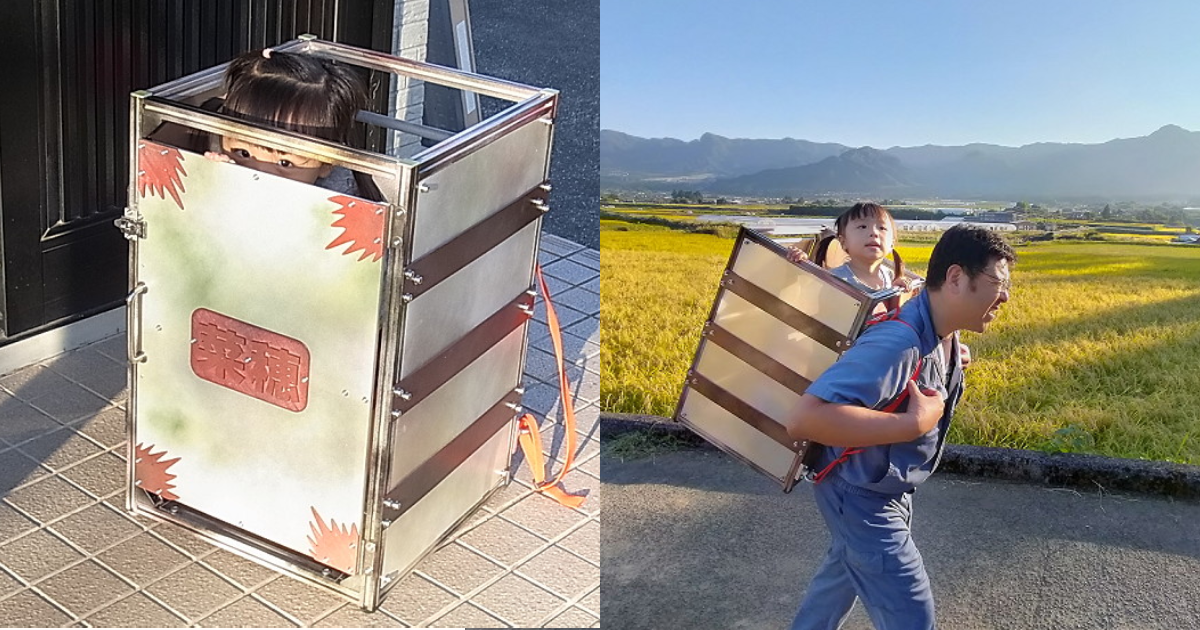 日本一名父親應女兒要求,手工製作《鬼滅之刃》中禰豆子的箱子,雖非木箱,但力求堅固又耐用的成品,讓女兒真的能模擬禰豆子窩在箱子裡,讓爸爸背著走,箱上還刻有女兒的名字。(圖片翻攝推特@asokara)