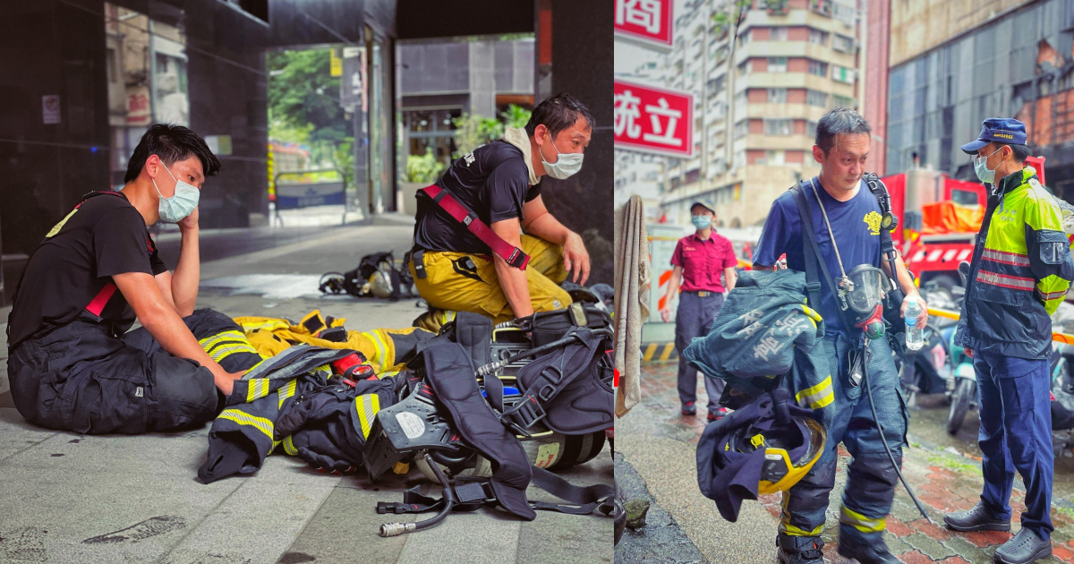 搜救完城中城大樓後的消防員，盡顯疲態。（翻攝自高雄市政府警察局臉書）