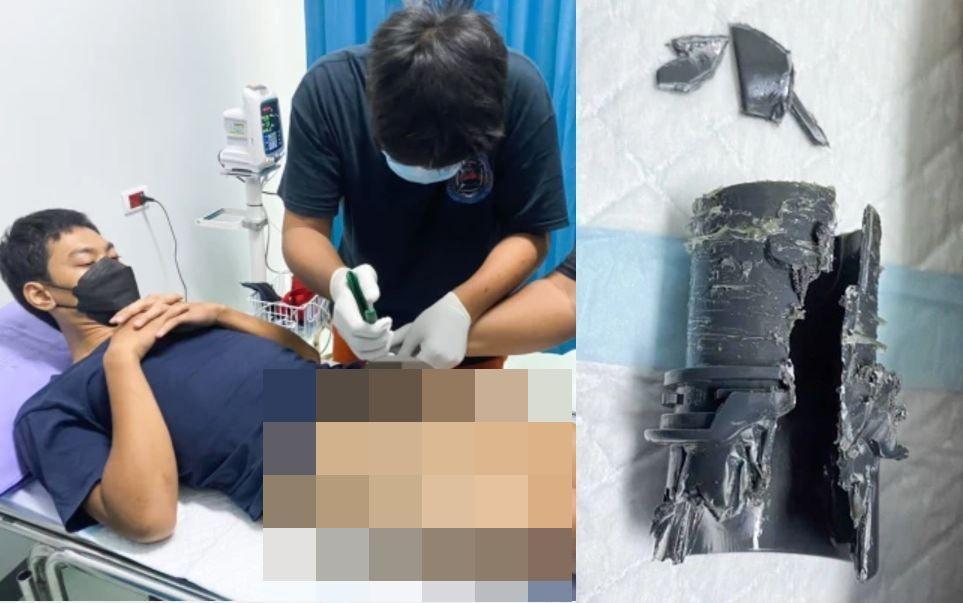 男子動了陰莖增大術後,竟然把下體卡在水管裡拔不出來,還出動了多名消防員救援。(翻攝自ViralPress Twitter)