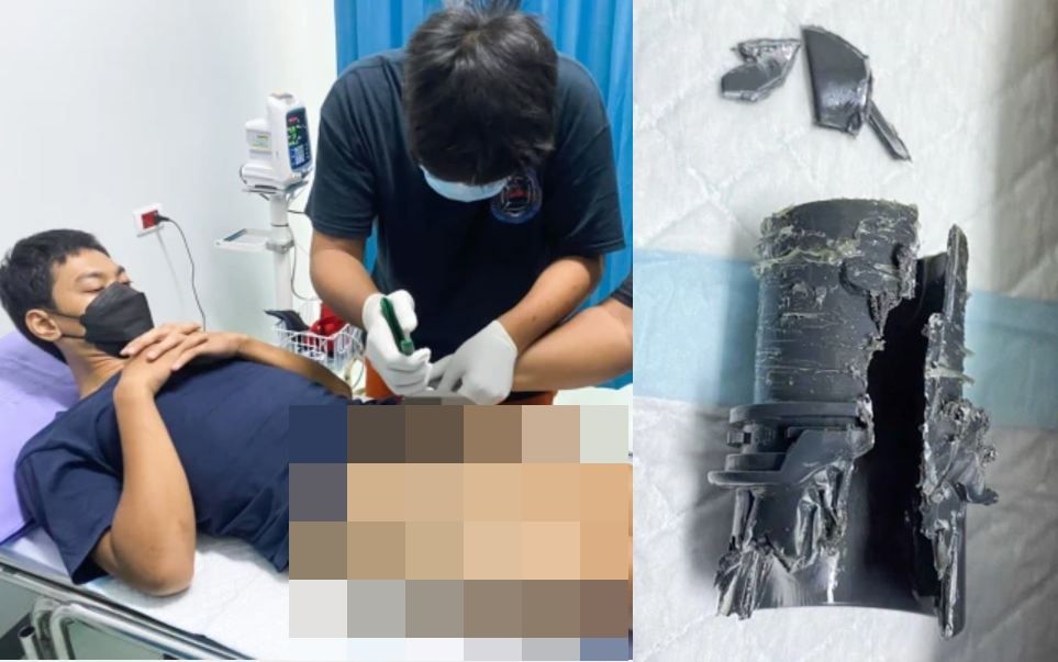 男子動了陰莖增大術後，竟然把下體卡在水管裡拔不出來，還出動了多名消防員救援。（翻攝自ViralPress Twitter）