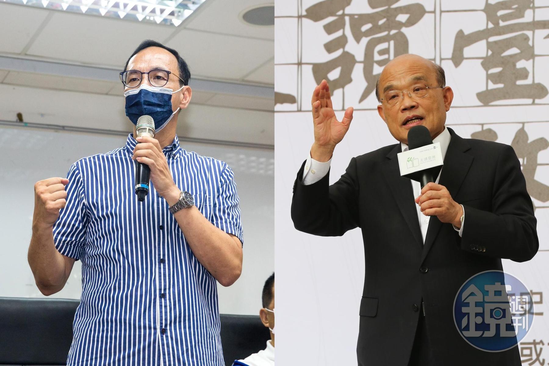 針對朱立倫（左）稱黃國書「不是國民黨線民」，蘇貞昌（右）今回嗆「就像說殺人的是菜刀」。（本刊資料照）