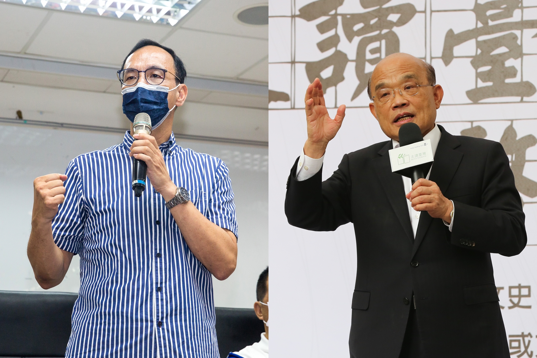 針對朱立倫(左)稱黃國書「不是國民黨線民」,蘇貞昌(右)今回嗆「就像說殺人的是菜刀」。(本刊資料照)