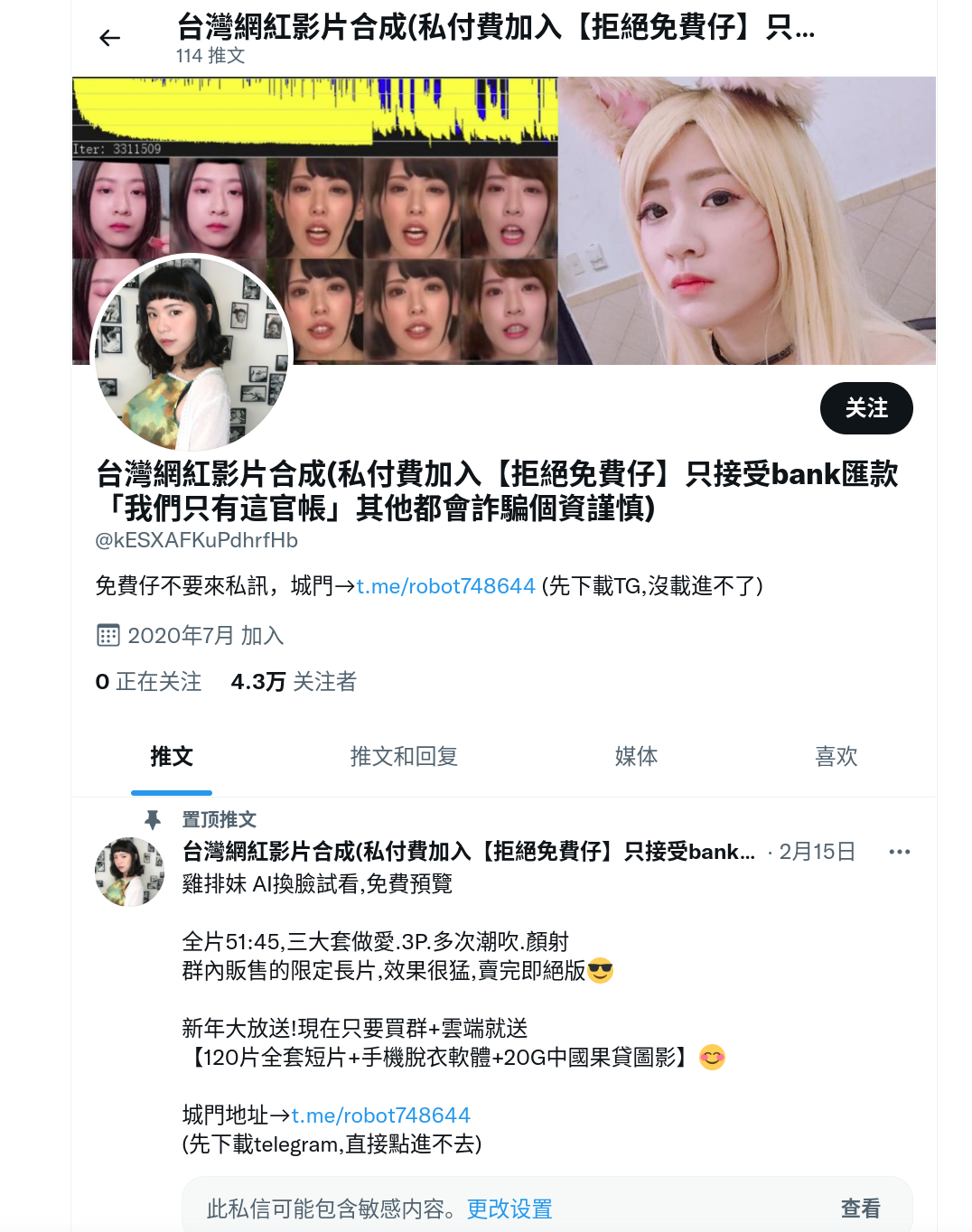 朱嫌等人創立「台灣網紅挖面」推特群組，吸收會員付費觀看性愛影片。（翻攝自推特）