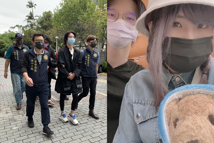 網紅小玉（左圖前排中、右圖左）因為被揭露為「換臉性愛影片」的藏鏡人遭捕，後驚爆其搭檔笑笑（右圖右）也遭逮。（翻攝畫面、翻攝自笑笑IG）