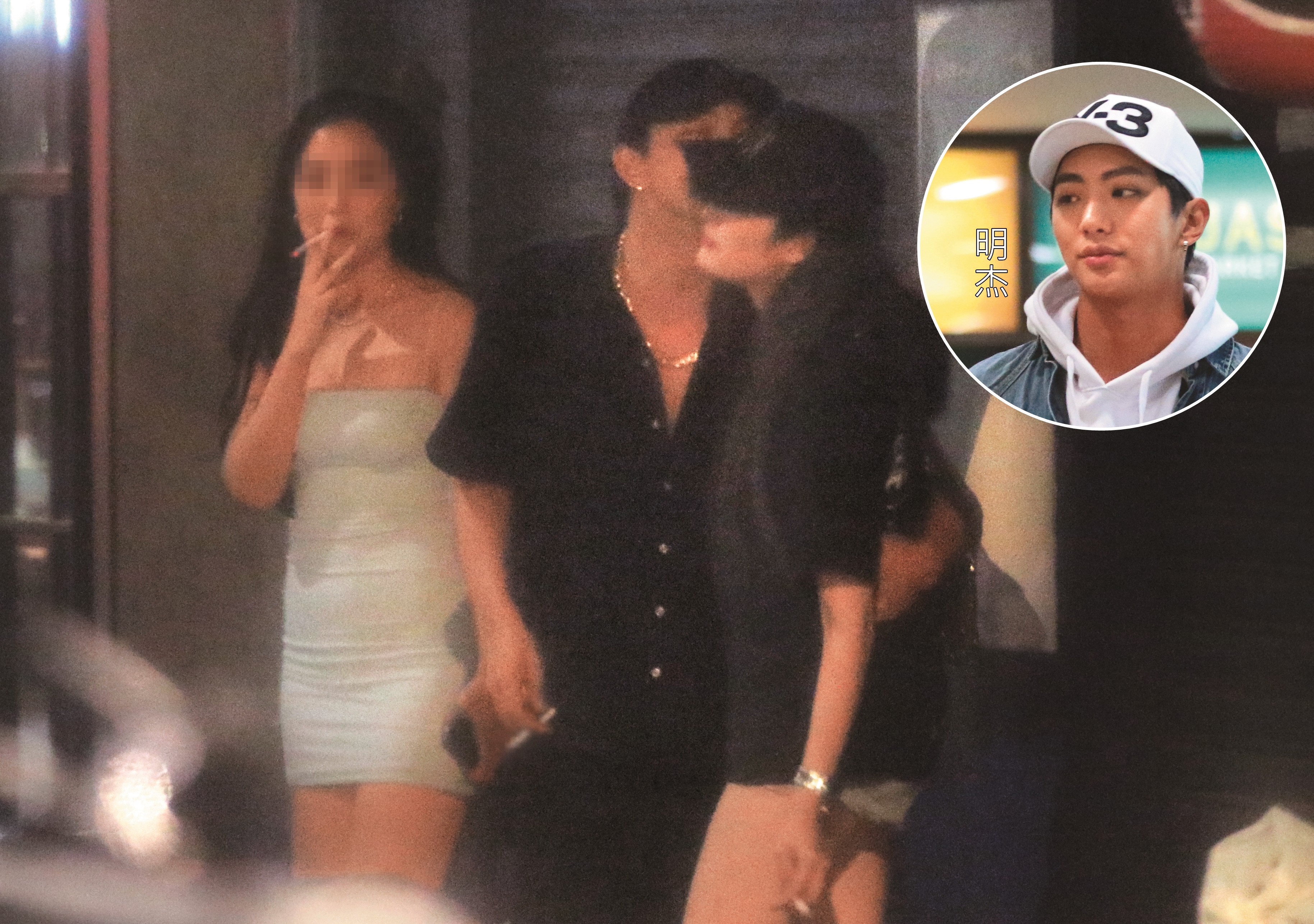 10月13日02：27，當晚的明杰（中）不只摟妹，親親動作也少不了，總之酒後情欲放得頗大。