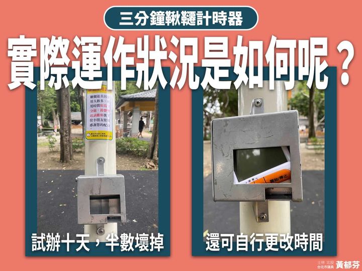 黃郁芬視察公園後，發現鞦韆計時器存有許多問題待解決。（翻攝自黃郁芬臉書）