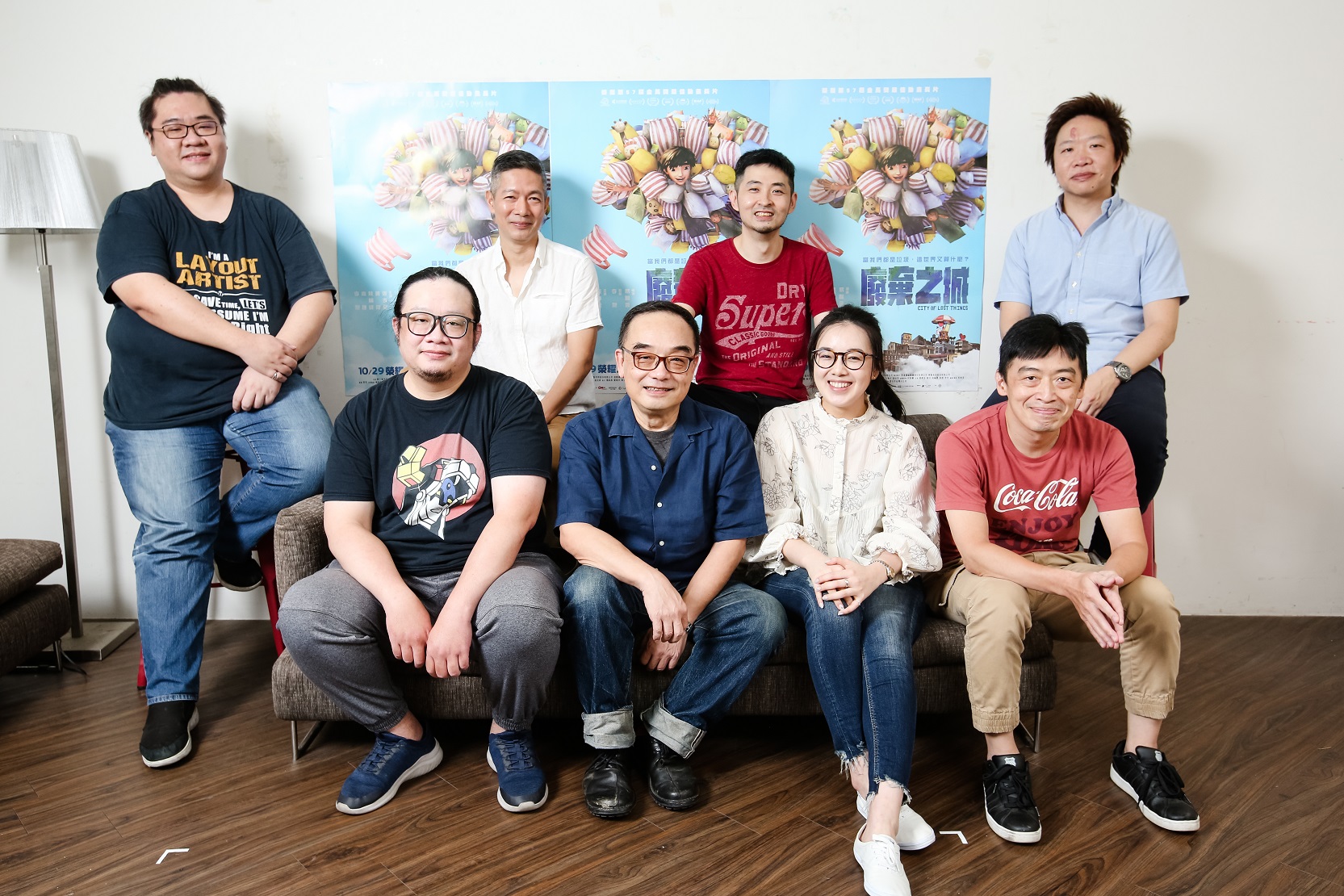 《廢棄之城》導演易智言（前排左二）與西基電腦動畫團隊：燈光指導柳公仁（前排左起）、製作協調汪羿、動態模擬組長周宏林、構圖組長林家弘（後排左起）、動畫指導鍾元勝、材質指導黃柏寧、特效組長謝承錦。