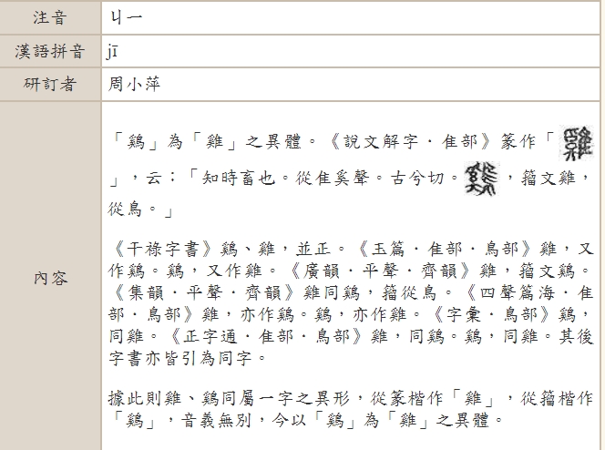 教育部指出,鷄和雞同屬一字的異形。(翻攝自異體字字典)