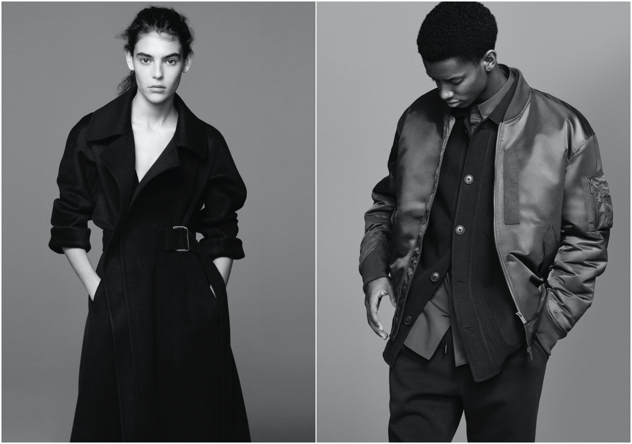 +J喀什米爾混紡長大衣NT$8,990（左）、+J Hybrid羽絨寬版MA-1飛行外套NT$4,990。（UNIQLO提供）