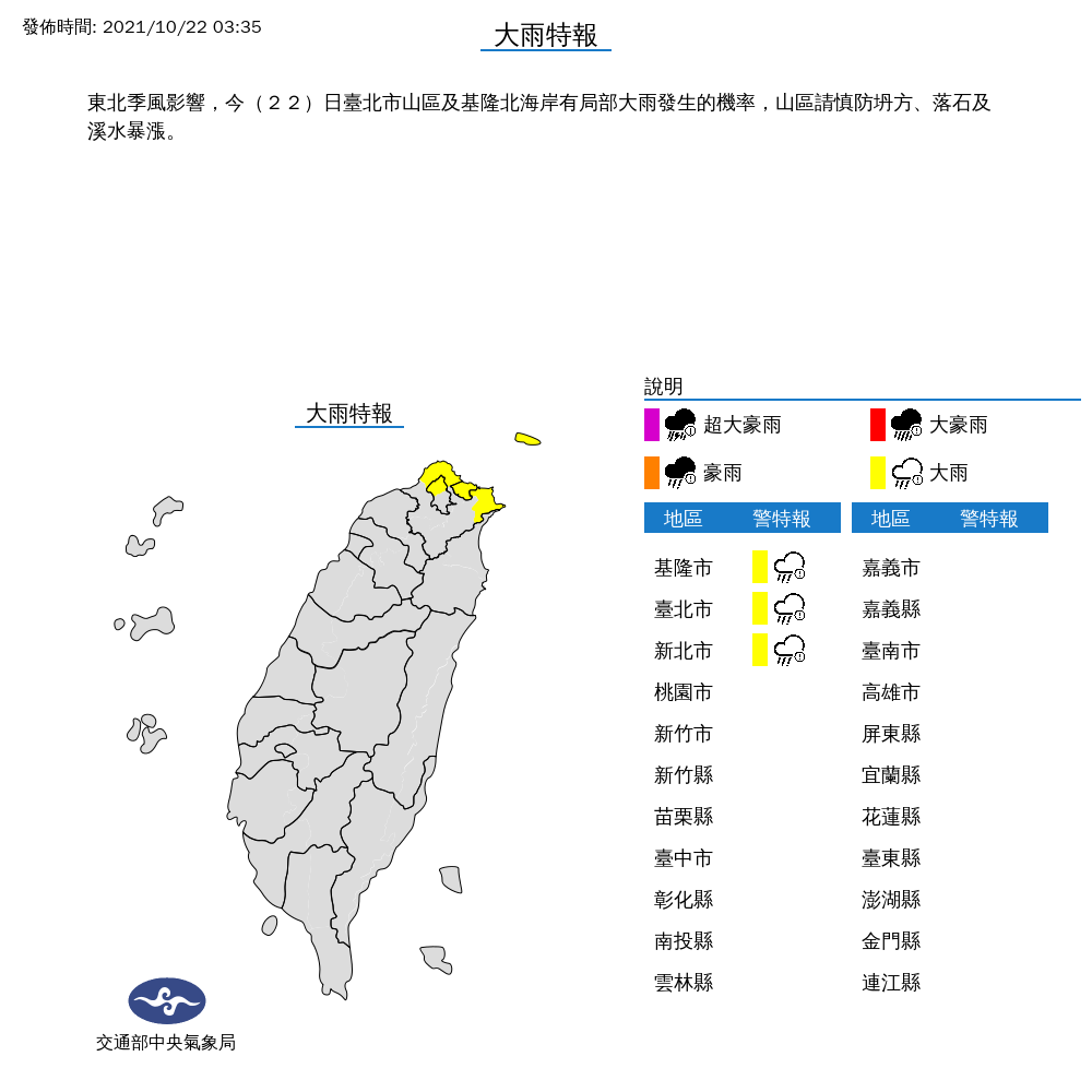 中央氣象局針對全台3縣市發布大雨特報，包含台北市、新北市及基隆市。（中央氣象局提供）