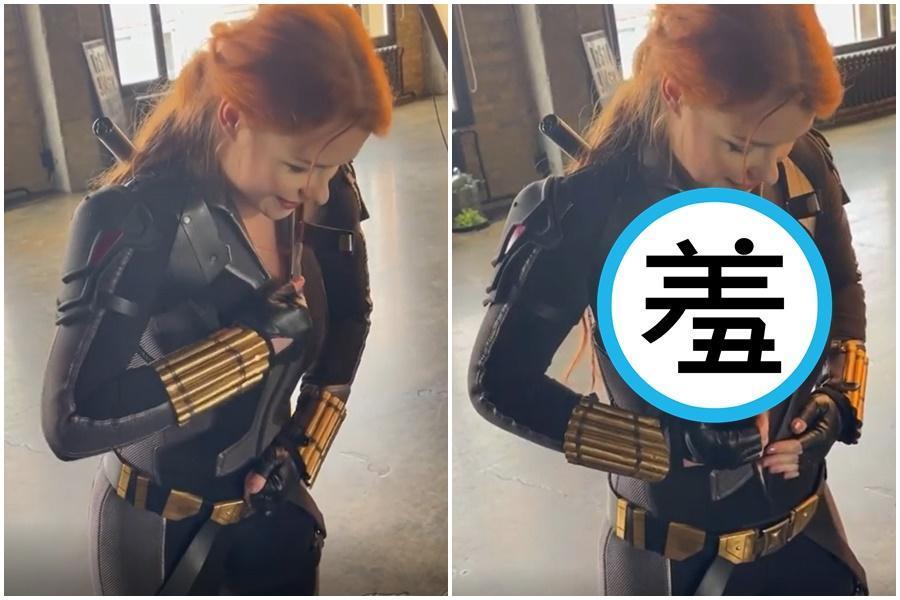 烏克蘭網紅伊麗娜cos漫威英雄黑寡婦,道具服拉鍊卻意外被胸部給撐爆。(翻攝自IG @irine_meier)