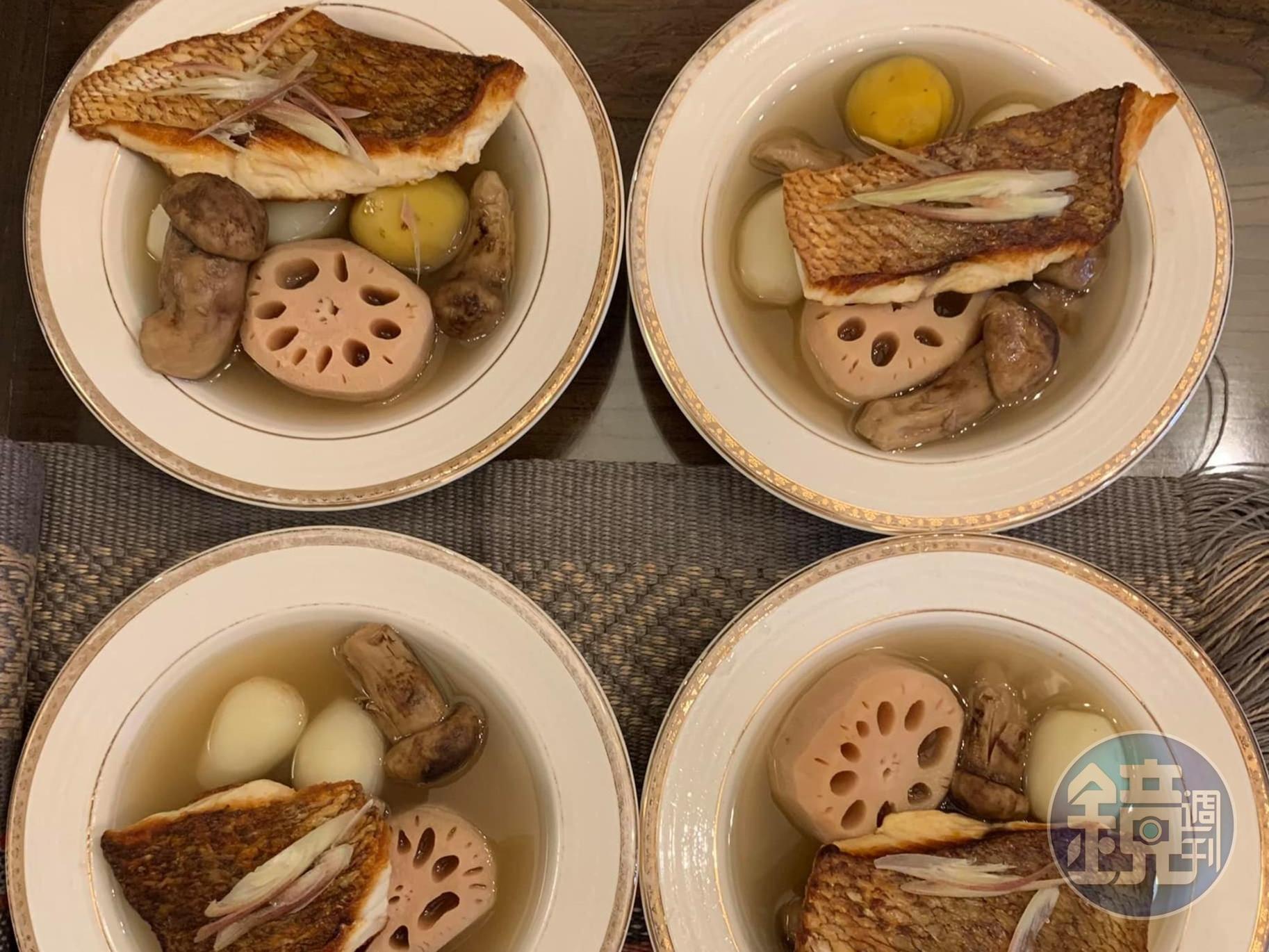 在洪敏昌董事長家中喝到的「松茸蕪菁秋藕煮」，是深具東洋風味的精緻湯品。