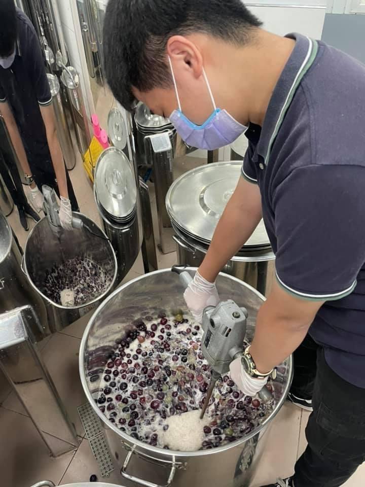 發酵完的葡萄，要先打碎釋出皮香，才能拿去蒸餾。（恆器製酒提供）