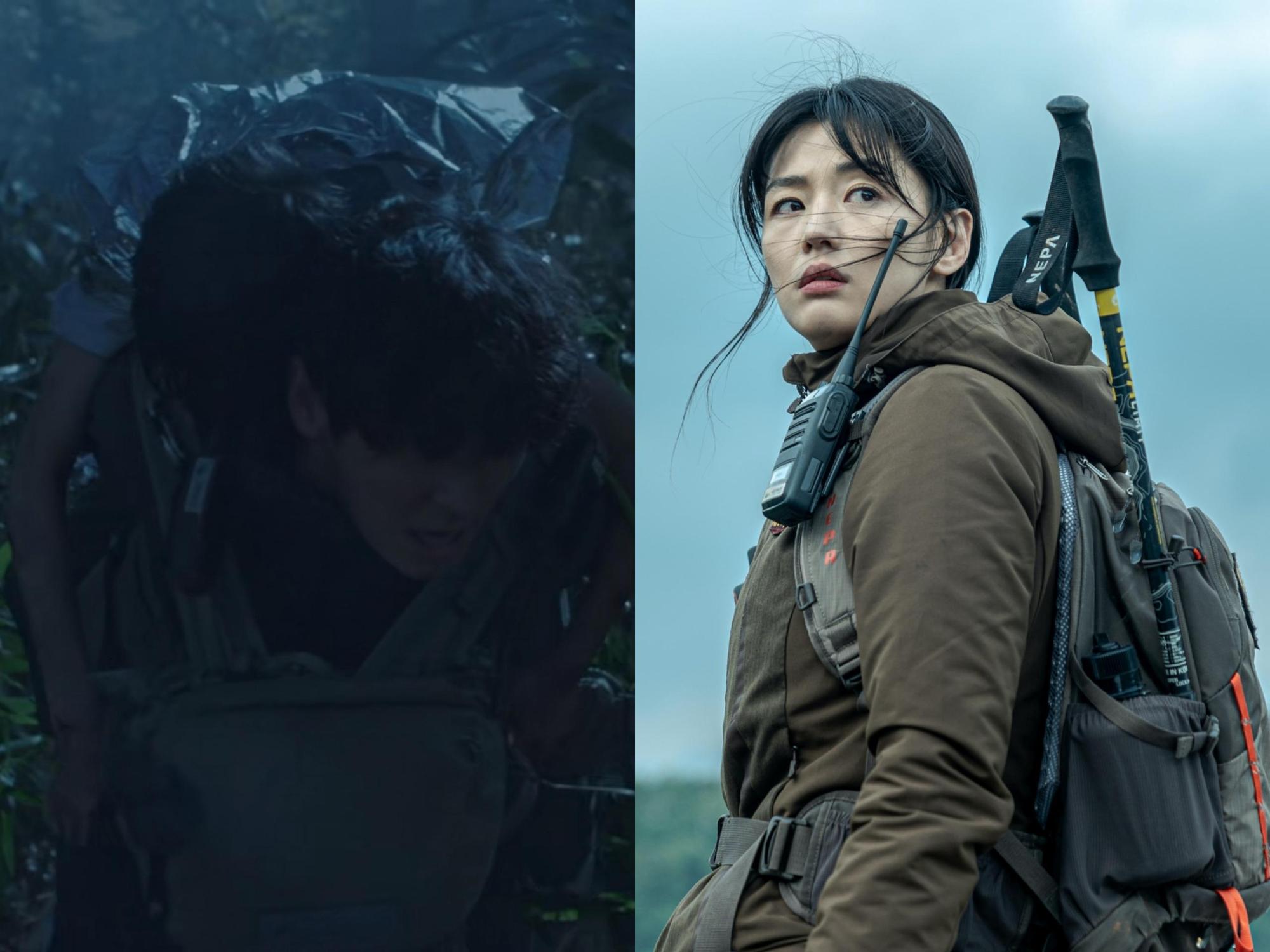 全智賢在《智異山》首集即展現高空躍崖救人的帥氣英姿，在尾聲的她更令觀眾震驚。（愛奇藝國際站提供）