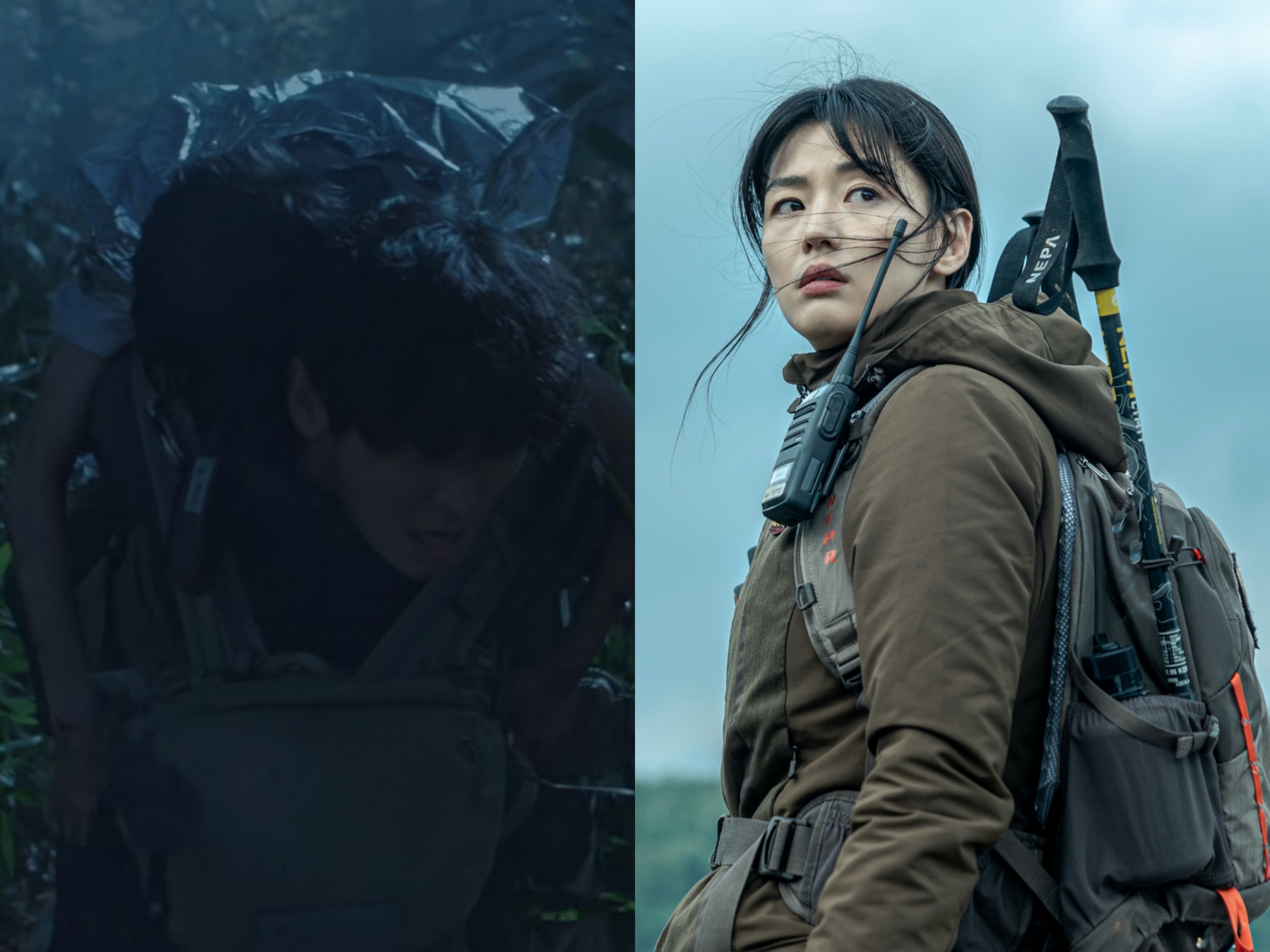 全智賢在《智異山》首集即展現高空躍崖救人的帥氣英姿，在尾聲的她更令觀眾震驚。（愛奇藝國際站提供）