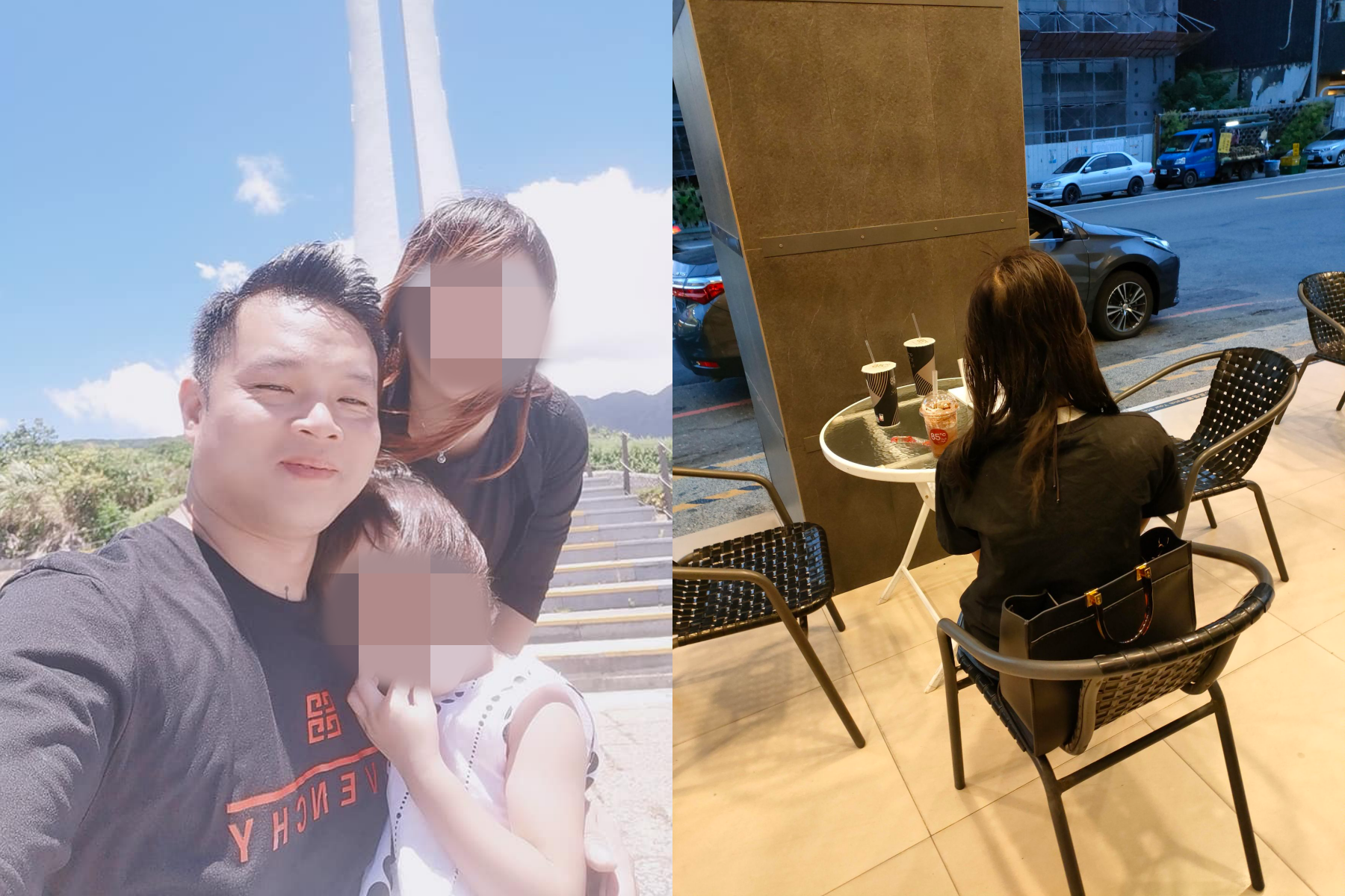 「楷哥」妻子陳姓女子（右圖）接受本刊專訪，她透露丈夫疑因勸陳修將（左圖）與小三分手，引起死者怨恨。左圖為陳修將與妻女合照。（翻攝自陳修將臉書、讀者提供）