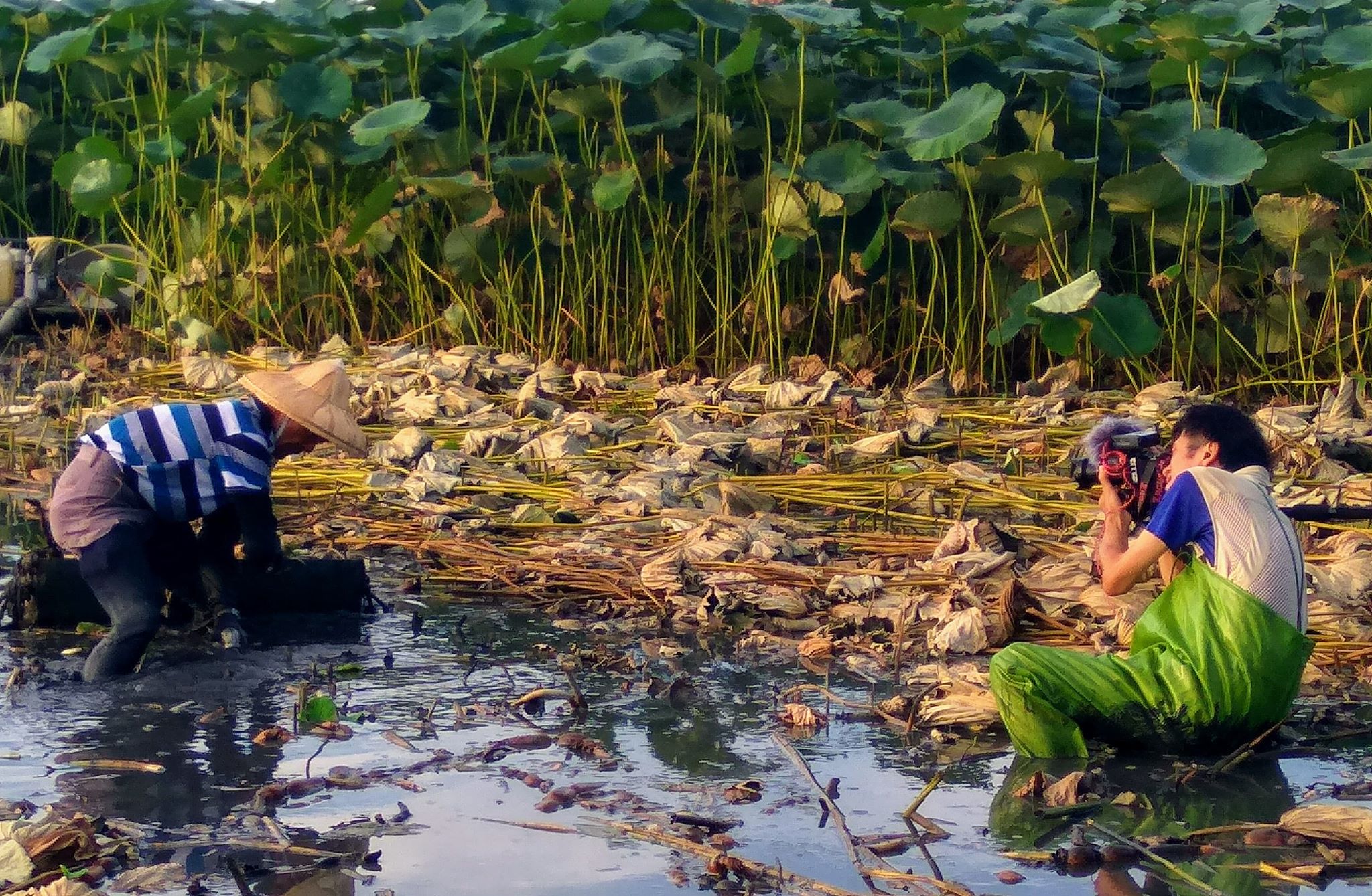 彭家如（右）為捕捉農夫彎腰低頭耕作的表情，幾乎坐在泥底才拍得到畫面。（天馬行空提供）