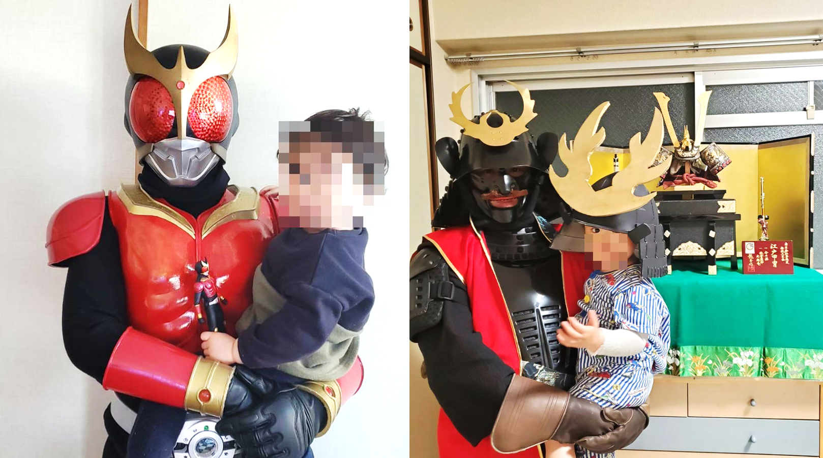 原PO平常熱愛日本盔甲武士的裝扮活動，曾在節日時製作小孩用的盔甲給兒子作為紀念，也配合兒子的喜好，於他生日時裝扮成假面騎士為他慶生。（圖片翻攝推特＠sorokage）