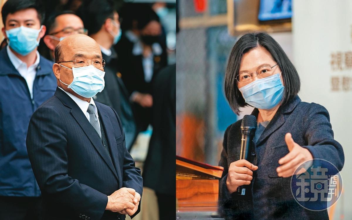 歷經陳柏惟罷免案,總統蔡英文(右)、行政院長蘇貞昌(左)對年底公投案都有不能輸的壓力,黨政高層已有共識將正面對決藍營。