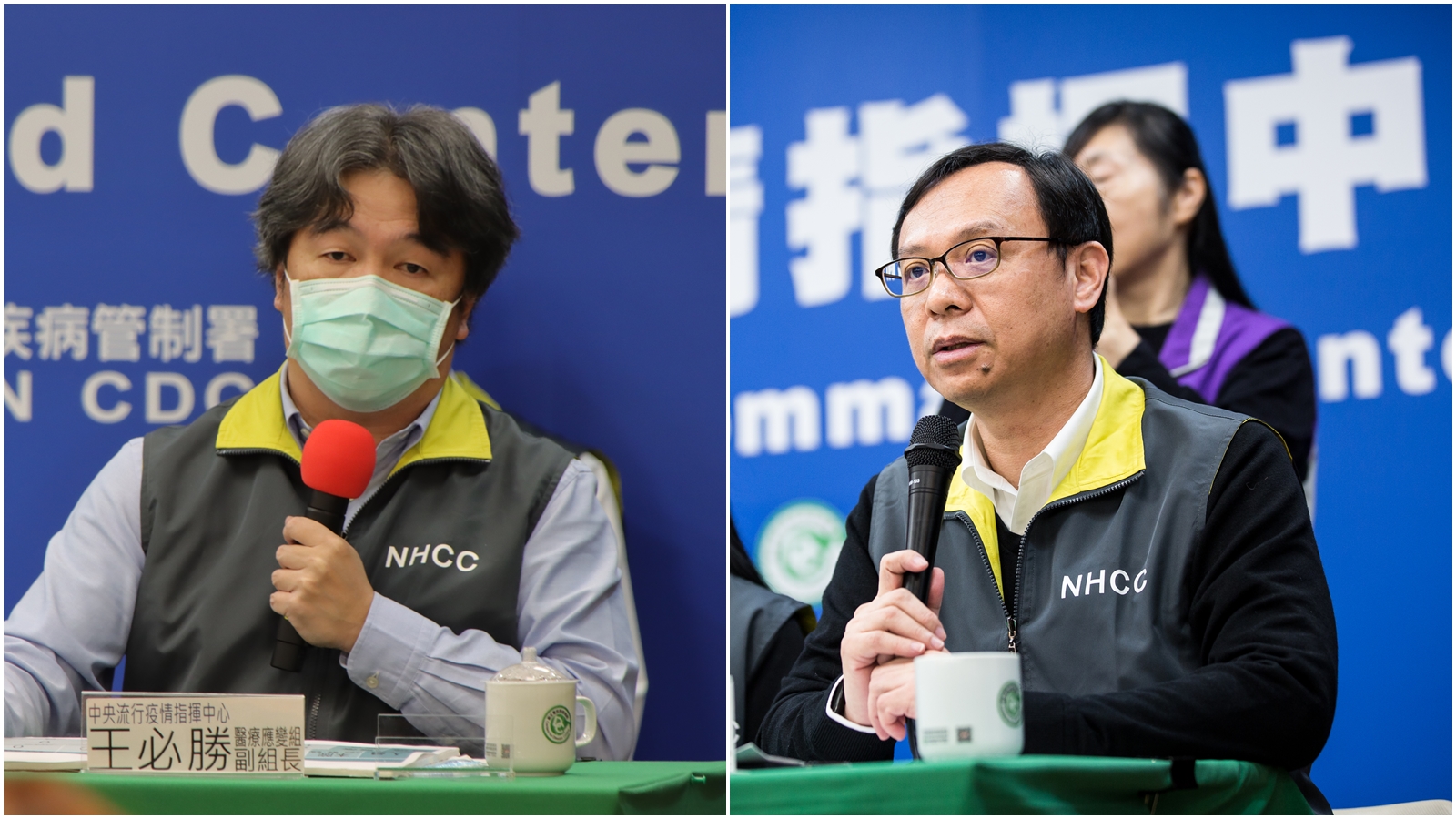 王必勝（左）爆不倫風波，「防疫戰友」石崇良得知後坦言嚇到了，不過並不清楚王的私事。（指揮中心提供、本刊資料照）