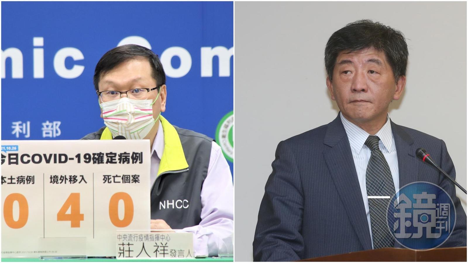 衛福部長陳時中（右）提及目前高端疫苗庫存仍有223萬，莊人祥（左）澄清剩餘量約86.4萬，「可能是部長有口誤」。（指揮中心提供、本刊資料照）