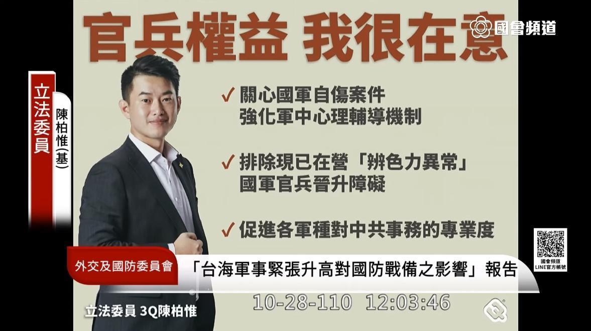 陳柏惟在最後一次外交國防委員會質詢中,細數自己立委任內推動的政策。(翻攝自國會頻道)