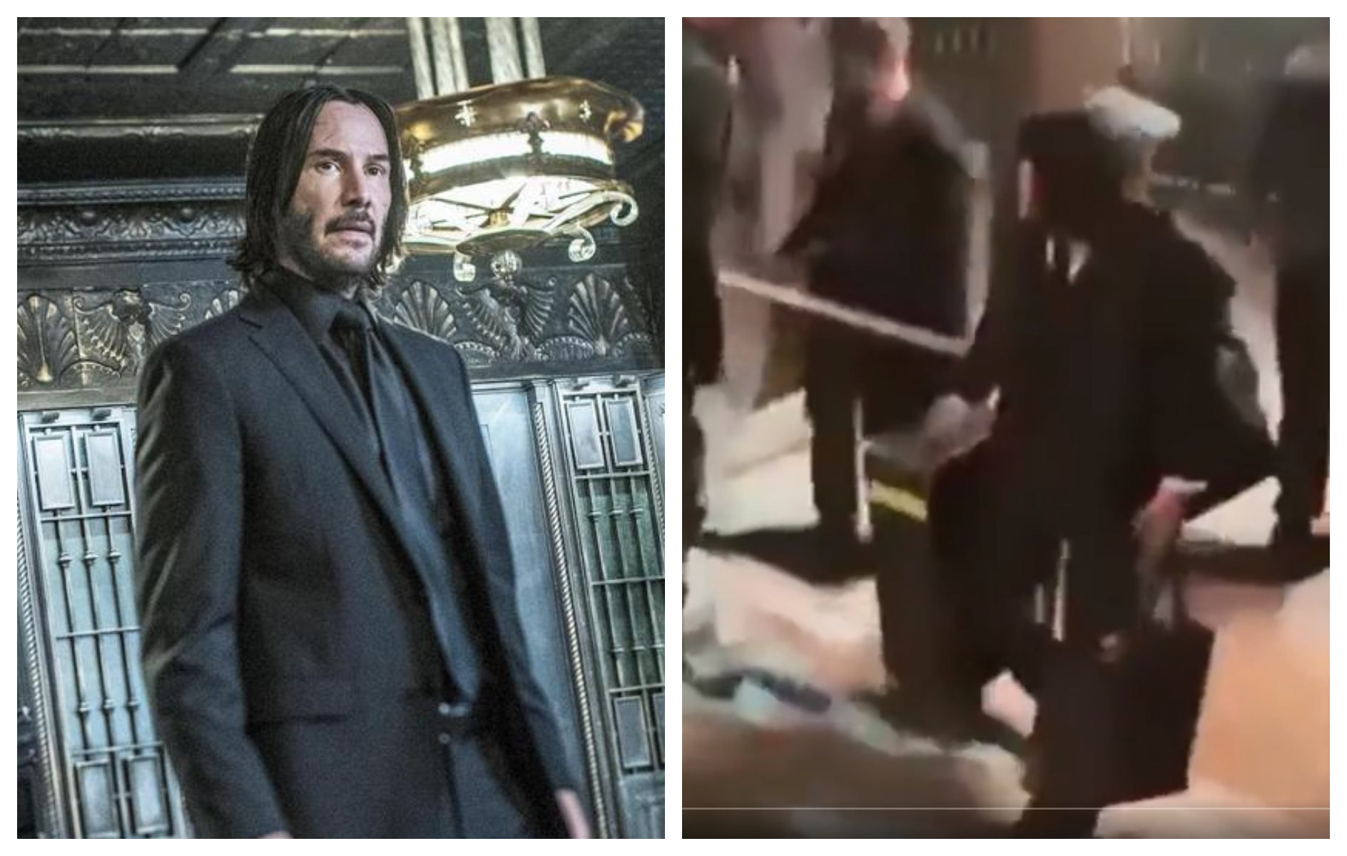 基努李維被目擊幫《捍衛任務4》劇組搬器材（右圖）。（翻攝IMDb、Todd_Spence推特影片）