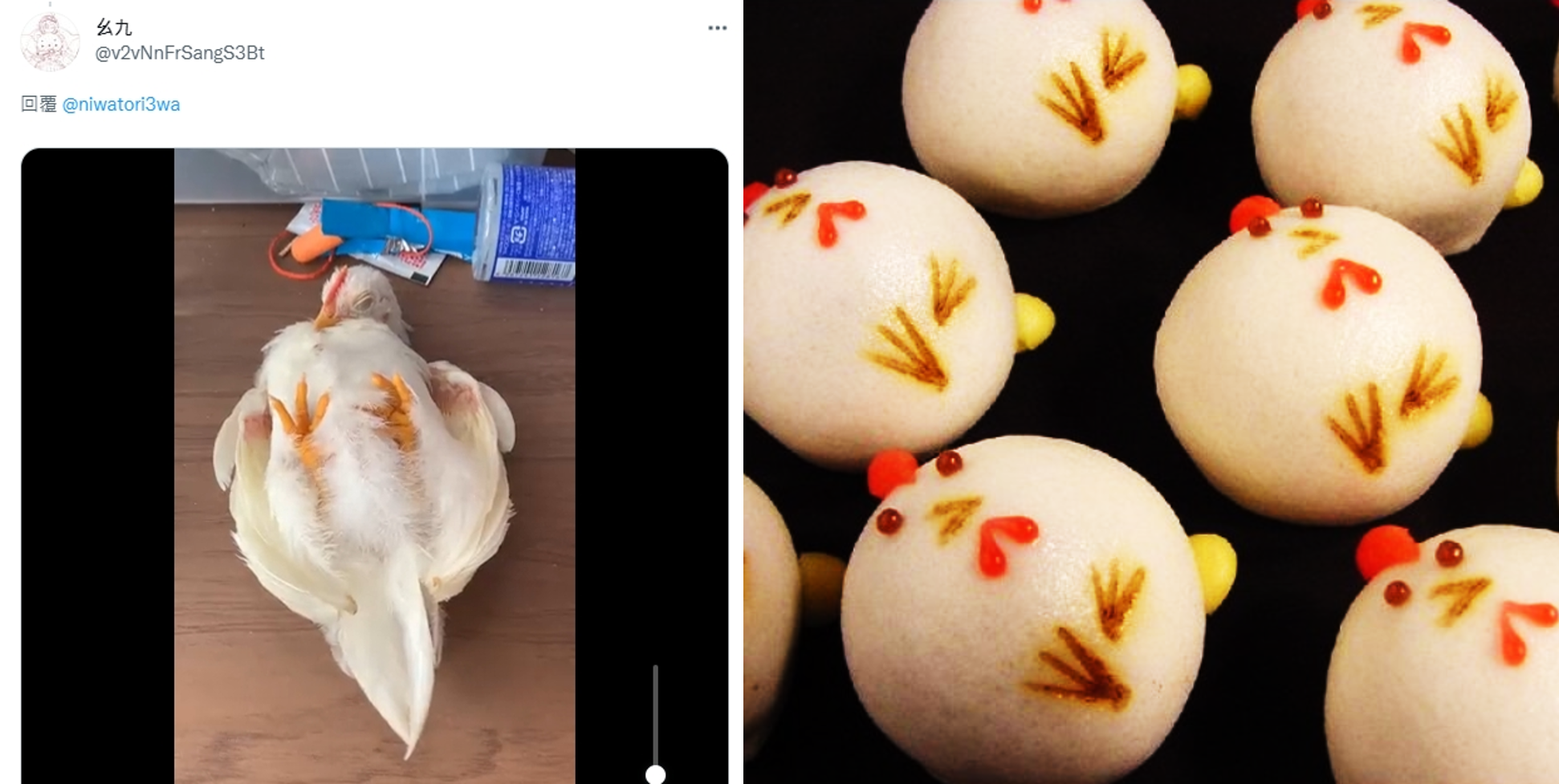 留言處有網友分享另隻寵物雞四腳朝天睡著的影片,意外跟另位網友分享的小雞造型饅頭有87%像。(圖片翻攝推特@niwatori3wa)